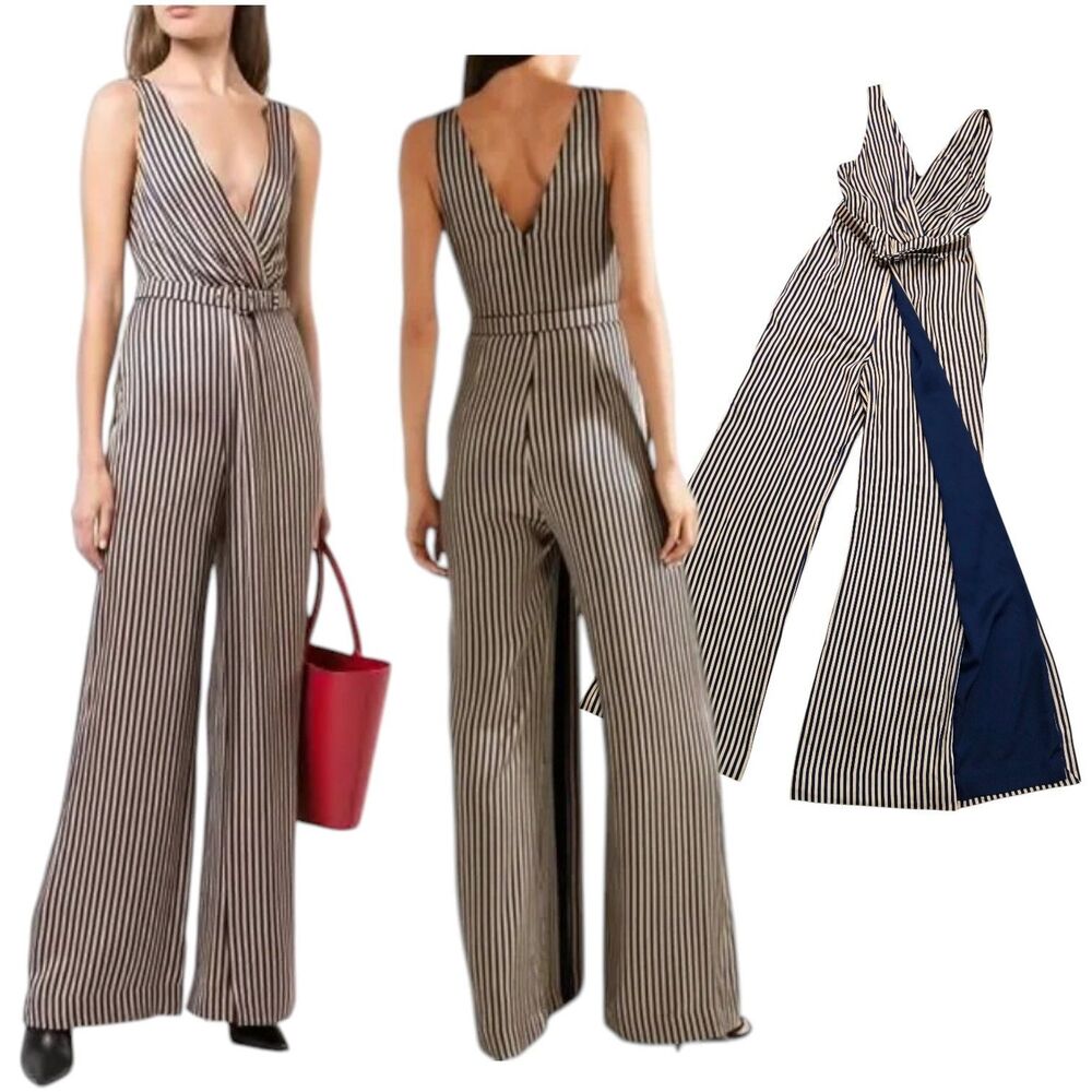 New Jonathan Simkhai Flare Jumpsuit Slit Leg Sz 4 Striped wrap Twist V neck $795